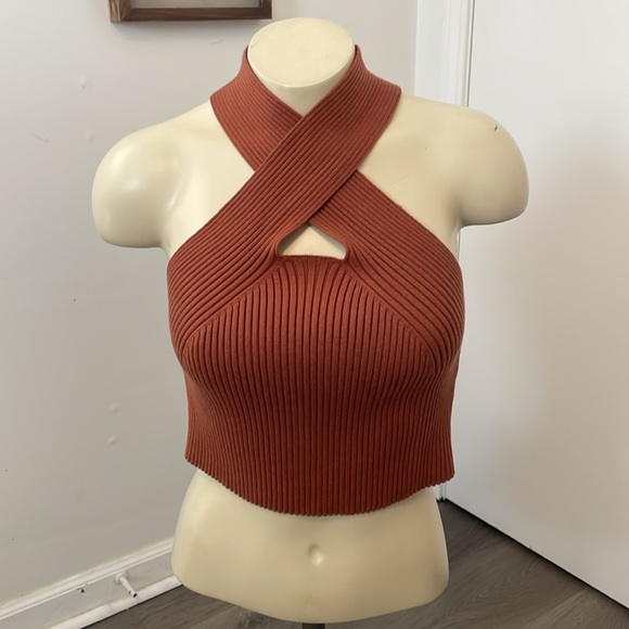 Cider Ribbed Cropped Halter Top Burnt Orange Large - Picture 3 of 6